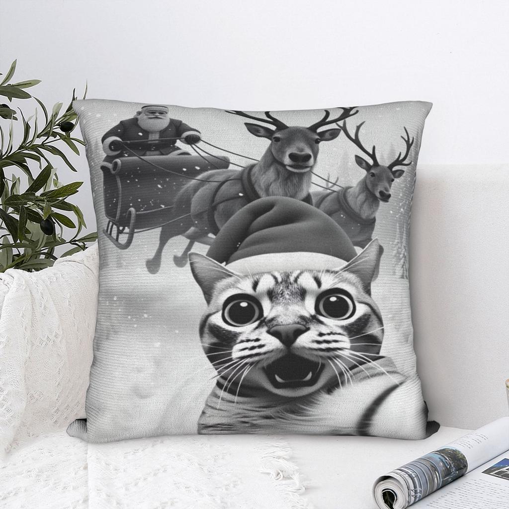 Cat Selfie with Santa Xmas Pillow Case Square Pillow Cover Retro Trendy Pillowcases For Living Room Sofa