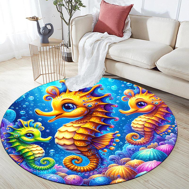 1pc Soft, Absorbent & Non Slip Cute seahorse Round Rug Soft Circle Rug for Living Room & Bedroom Decor, Chair Mats, and Unforgettable Home G