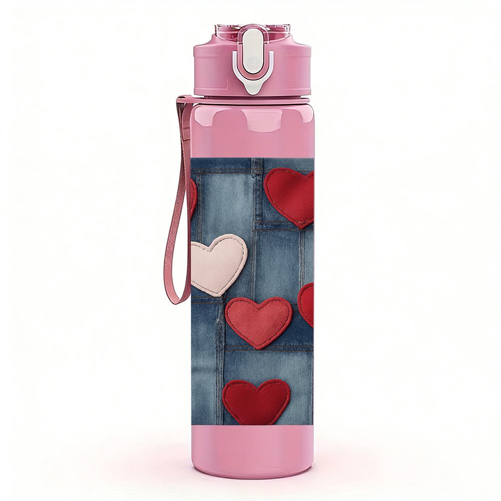 1PC Red Heart Grid Texture 750ml Color Plastic Sports Water Bottle Leakproof Flip Straw Lid For Sports Office Home Use