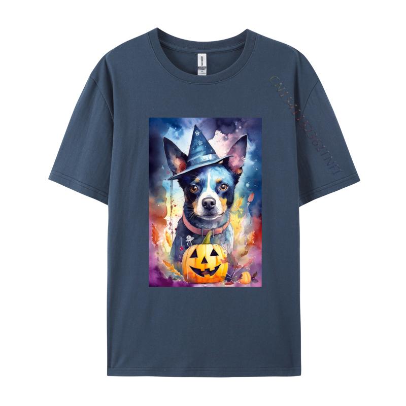 Halloween Blue Heeler With Pumpkins Dog T Shirt New Coming Cotton Adult T Shirt Slim Fit Fitted Round Neck TShirt