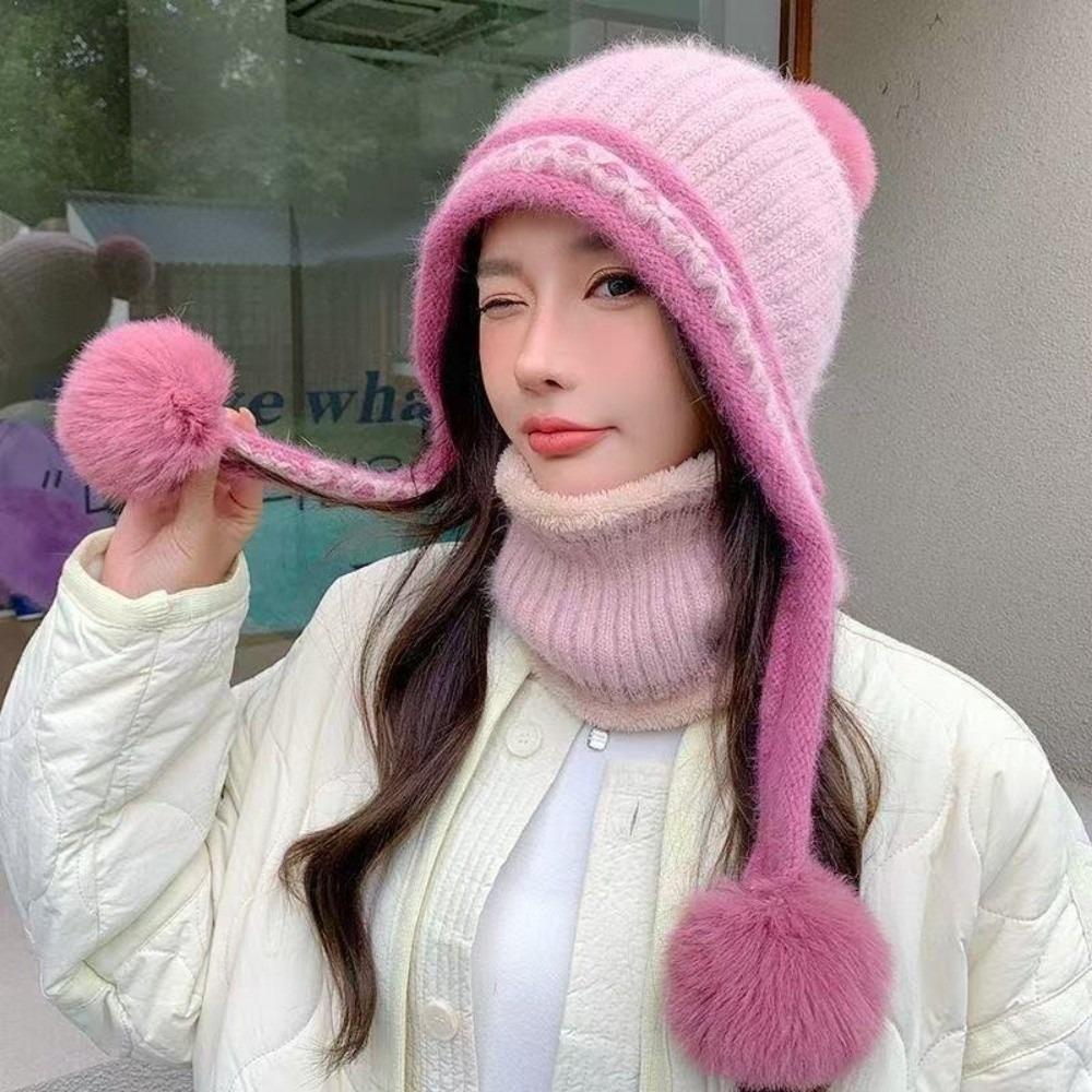 

Fur Balls Knitted Hat Knitted Beanie Hat New Pullover Cap for Outdoor Cycling Skiing рожевий