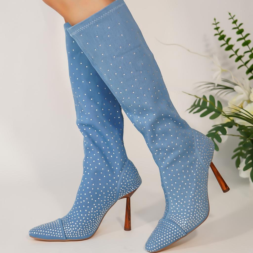 Women's Boots Thin Heel High Heel Fashion Boots Rhinestone Skinny Boots Pointed Denim Versatile High Boots Children