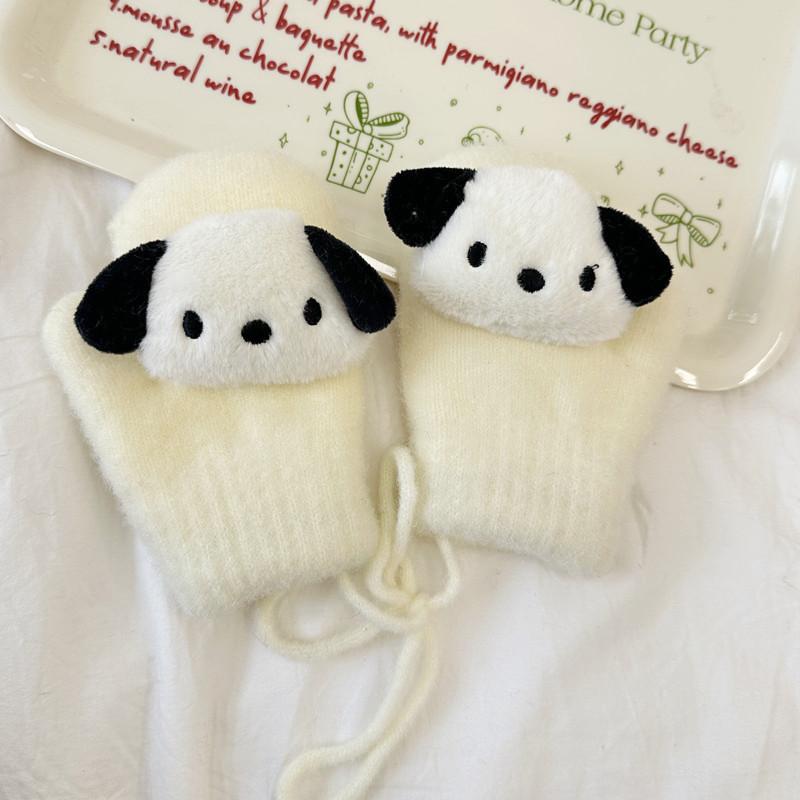 New Children's Gloves Cute Cartoon Doll Knitted Mittens Winter Warm Plus Velvet Thickened Hanging Neck Gloves