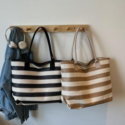 Shoulder Bag Striped Contrast Woven Bag Large Capacity Straw Tote Bag