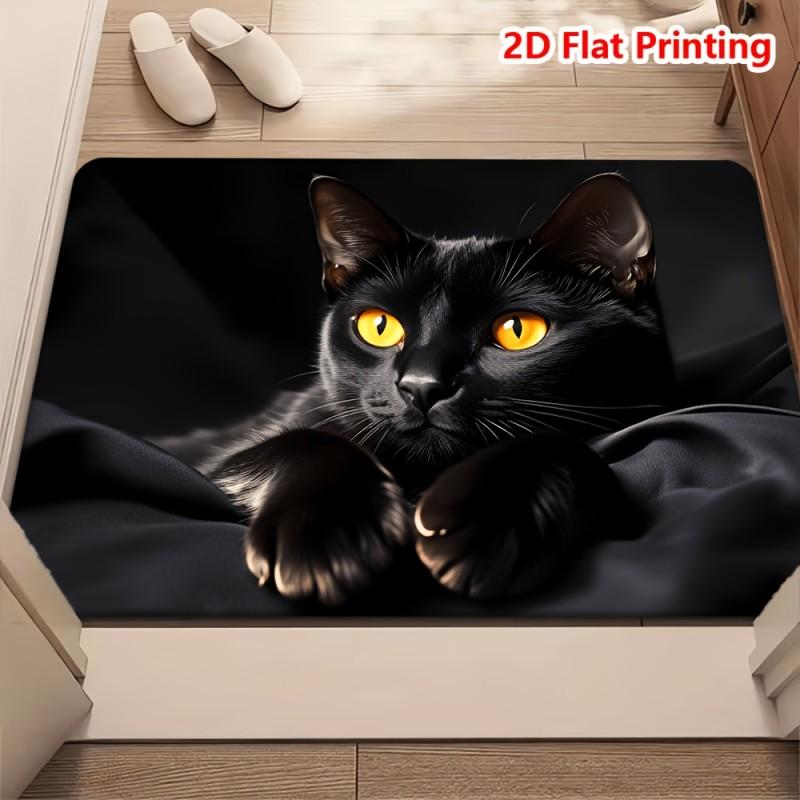 Black Cat Portrait Doormat Yellow Eyes Cat on Black Fabric Print Non Slip Floor Mat for Cat Lovers