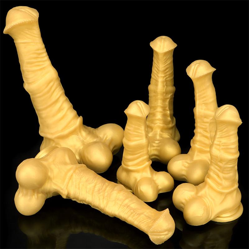 Gold Golden Horse Dildo pro muže a ženy Silikonové měkké nadrozměrné anální kolíky s masturbátorem na anální kolíky