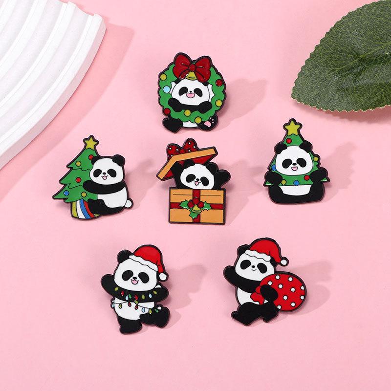 Christmas panda brooch, cute animals, Christmas tree, holiday gift box metal badge, back packaging accessories