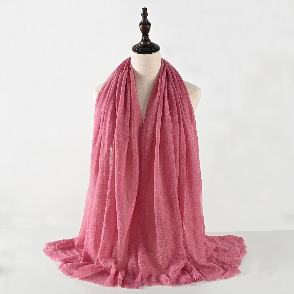 Crinkled Cotton-Linen Blend Scarf with Fringe - Solid Color, 90x180cm, Women's Headscarf