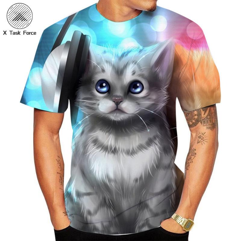 Summer Round Neck 3D Cat Printed Top Fashionable Casual Short Sleeved Men's T-shirts