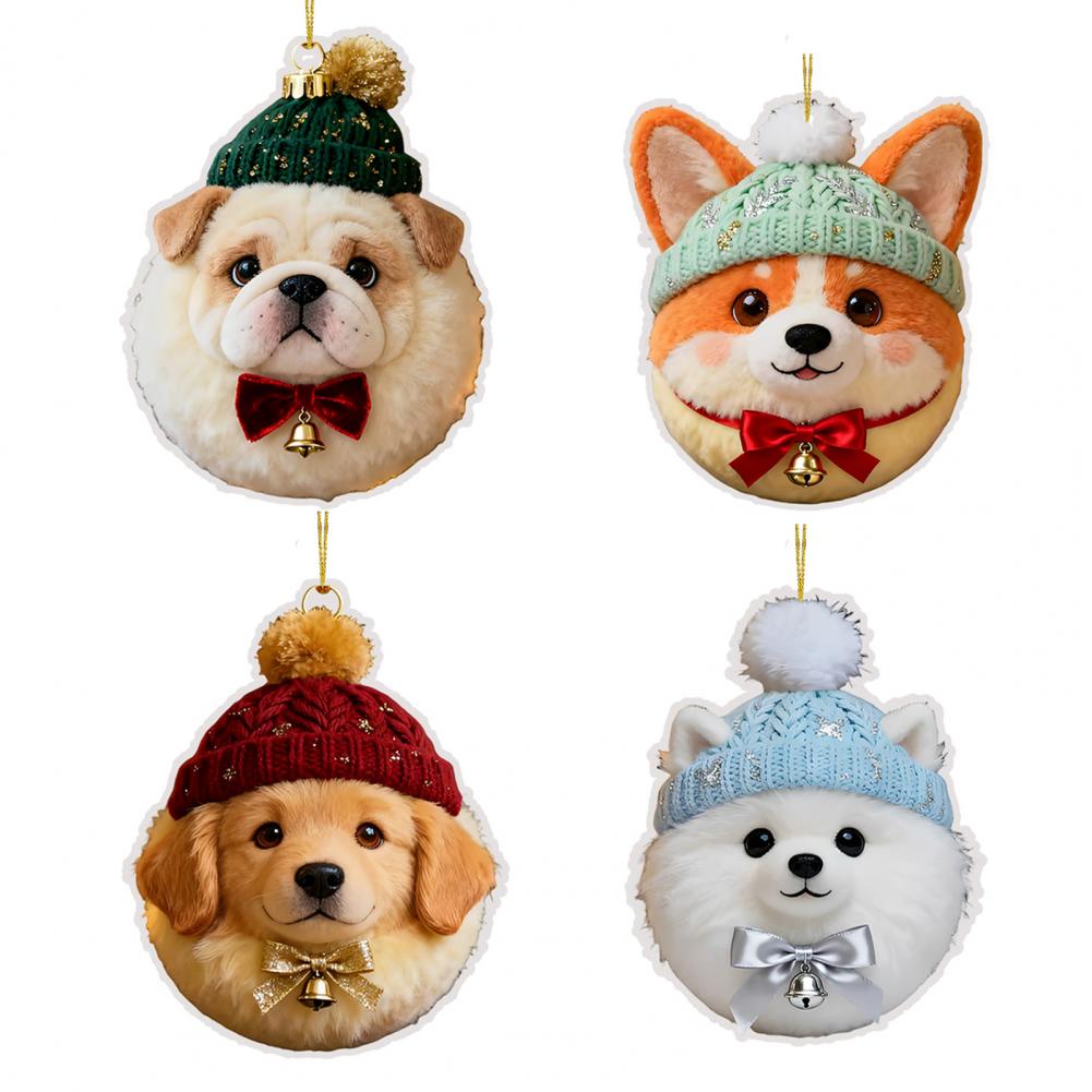 2D Acrylic Cat Dog Rabbit Hanging Pendents Plush Pet Shaped Ornament Christmas Tree Cozy Winter Animal Charm Knitted Hat Decor