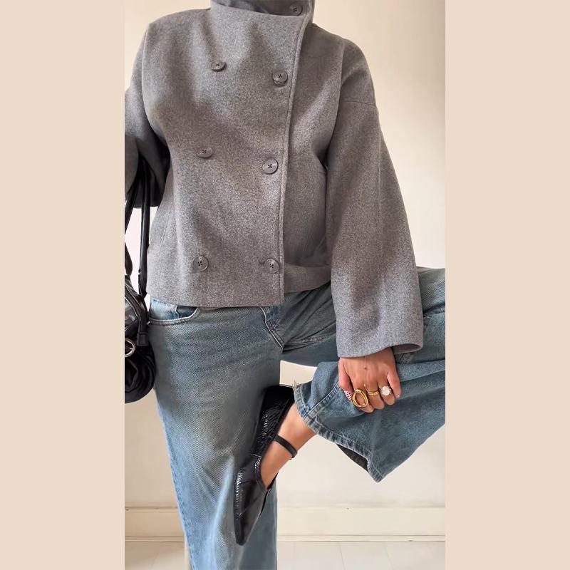 Elegant Women's Coat High Stand Collar Full Sleeve Double Breasted Solid Female Coats 2025 Autumn Fashion High Street Lady Top