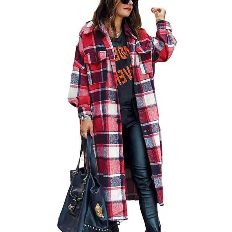 Extended Trench Coat Lapel Side Split Women's Tweed Plaid Coat Women's Coat