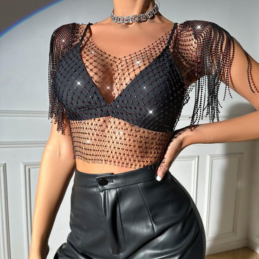 Rhinestone Fishnet Glitter Top Mesh Rhinestone Fishnet Cover Ups  Party