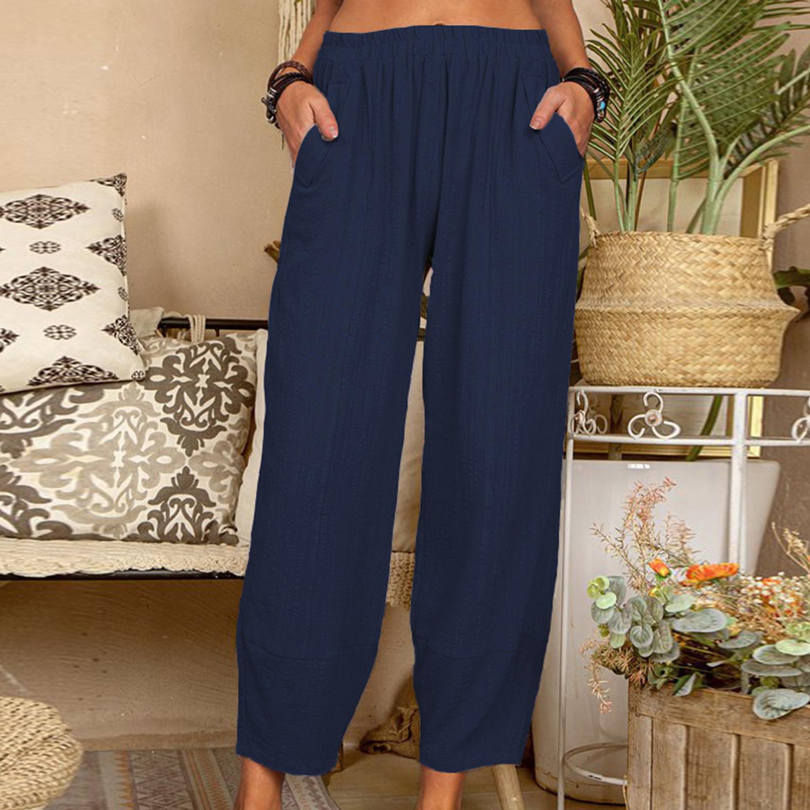 

Женские летние повседневные модные однотонные хлопковые брюки-гарун с эластичной резинкой на талии и карманами XXL тёмно-синий