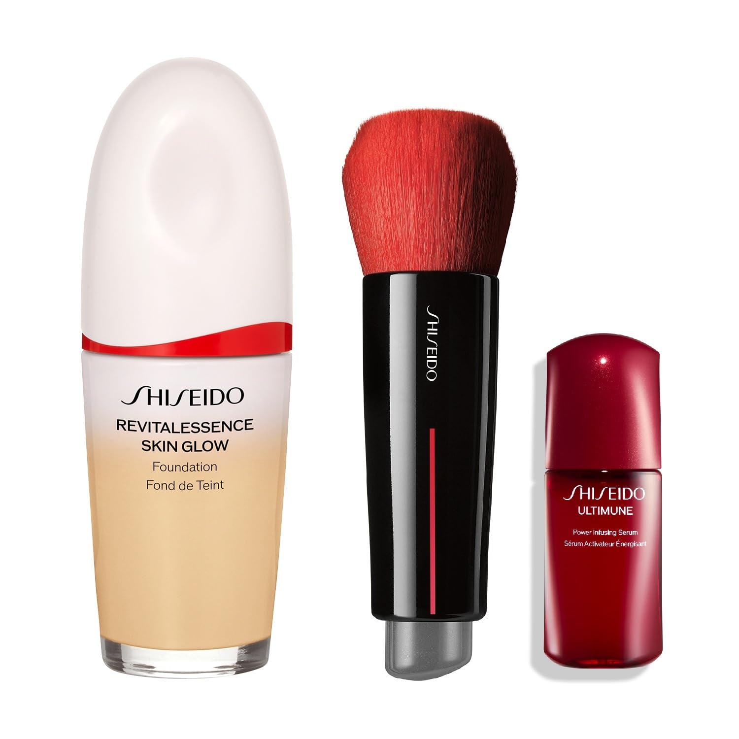 SHISEIDO makeup foundation brush kit essence skin glow foundation 220 linen 30mL + DAIYA FUDE face duo + Ultimune special size (serum 10mL)