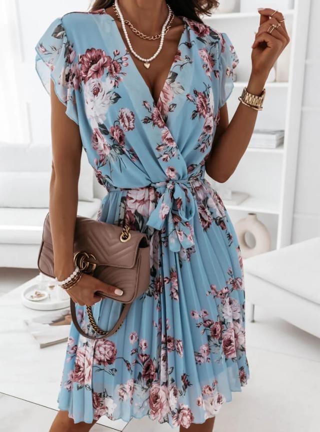 Fashion Women's Summer V Neck Casual Fashion Printed Pullover Short Sleeve  Dress