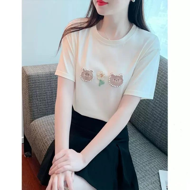 Bear White Cotton Short-sleeved T-shirt for Women Summer New Pearl Design Niche Unique Top