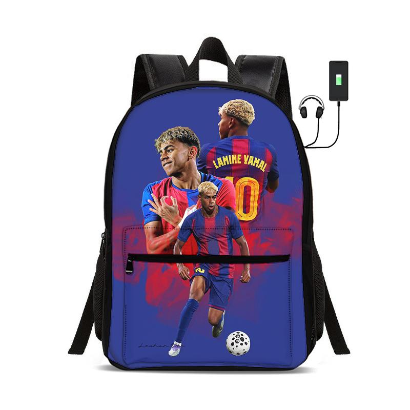 Child School Bags for Student Rucksack L-Lamin Yamal Sport Bookbag Kids Gift Football Star Backpack with USB Interface Bag