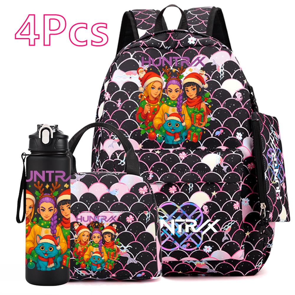 4Pcs/set Christmas Kpop Printed Backpack with Handbag Pencil Case 750Ml Water Bottler for Teenager Boy Girl Large Capacity Bookbag Schoolbag Kid Gift