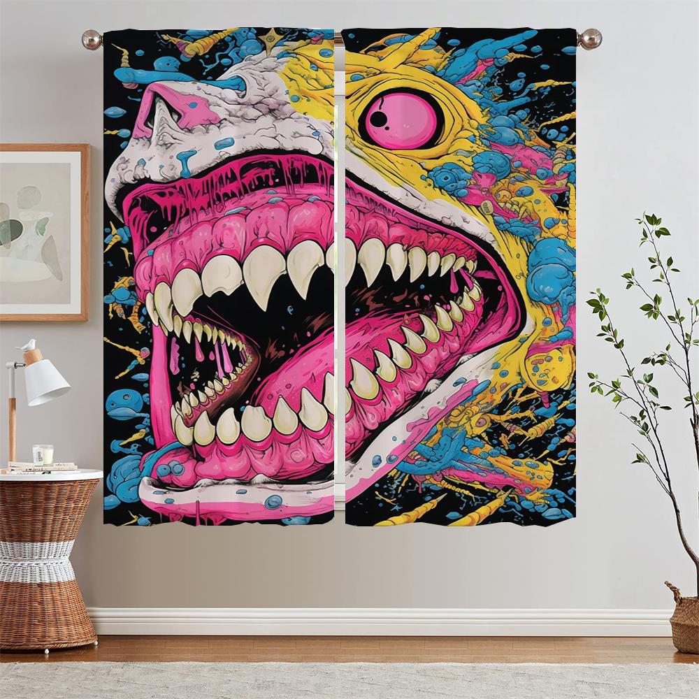 Cartoon Skull Illustration Kitchen Curtain Tiebacks Bedroom Curtains 2 Pieces Black Out Curtains for Living Room Tentacles Blind