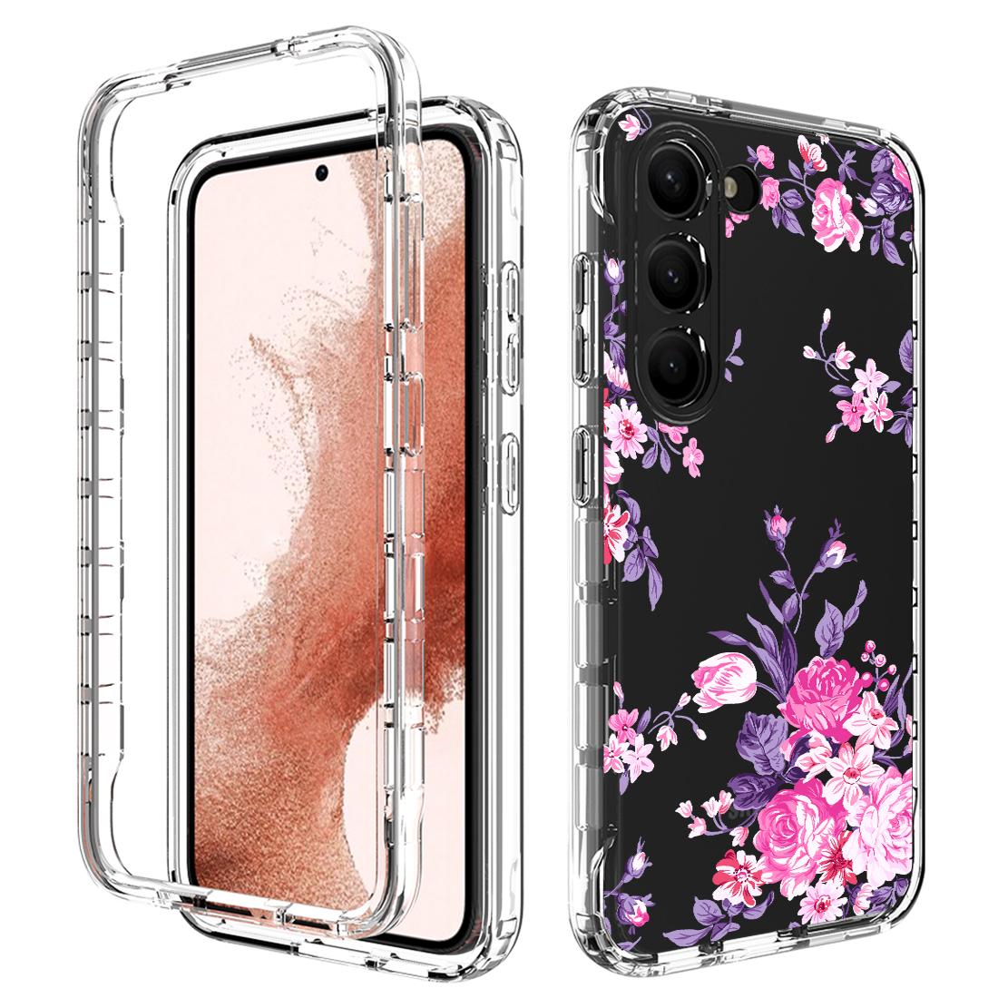 

For Samsung Galaxy S23 Pattern Printing PC+TPU 2-in-1 Phone Case Anti-Scratch Transparent Cover Flower