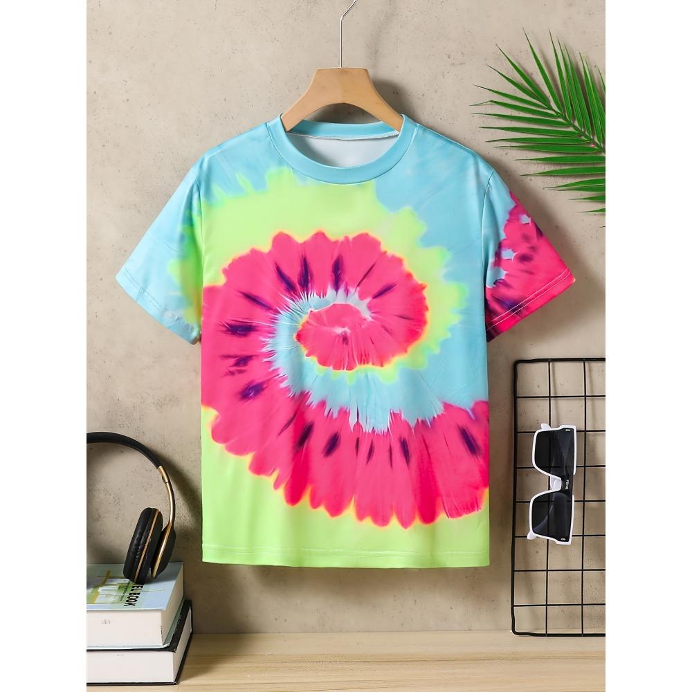 Children's Clothing, Boys' Summer 3D Tie Dye Rainbow T-shirt, Casual Round Neck Children's Top, Short Sleeved Children's T-shirt, Children's Clothing