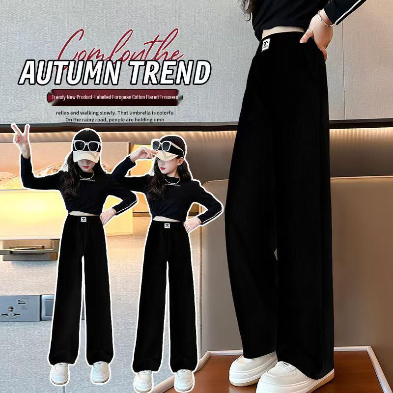 2025 Dívčí kalhoty se širokými nohavicemi podšité fleecem - Módní podzimní/zimní ležérní oblečení pro střední a velké děti