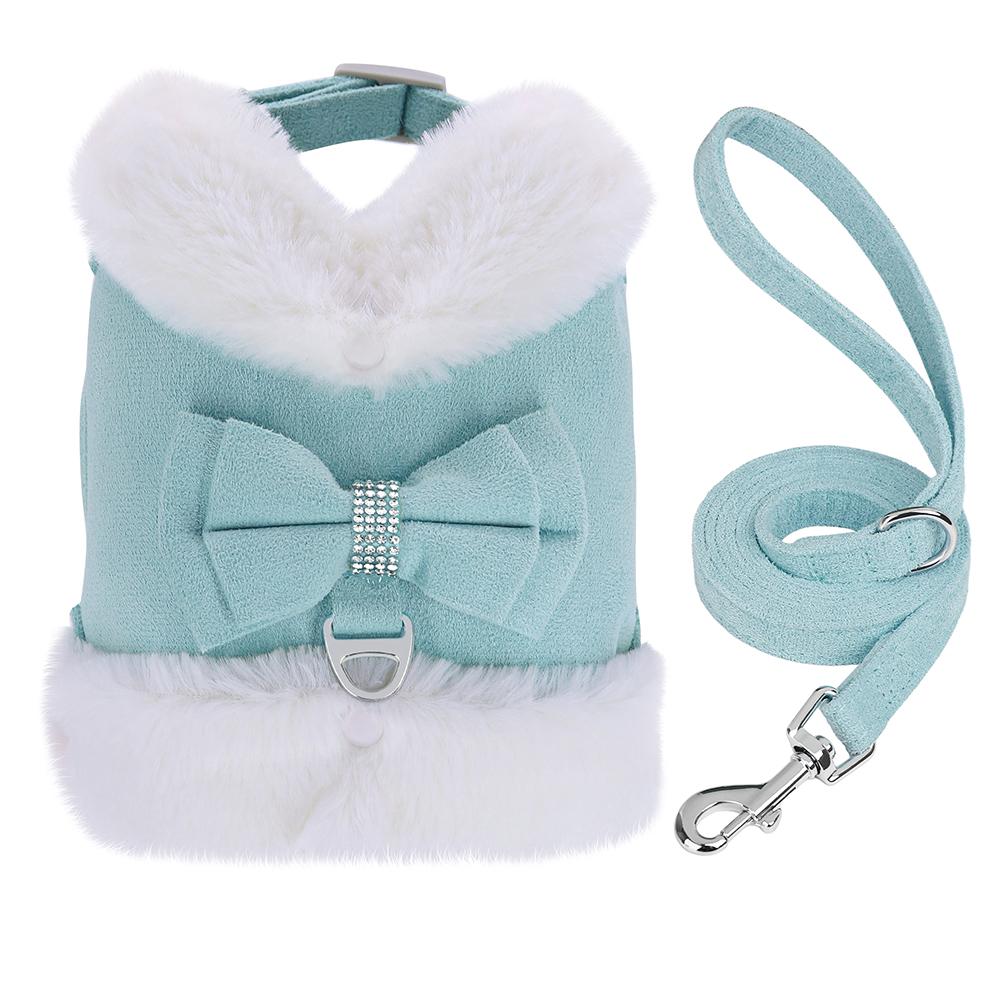 Warm Fur Puppy Dog Harness Leash Cute Bowknot Dogs Cat Harnesses Padded Pet Vest With Matching Lead Rope For Dogs Cats Winter