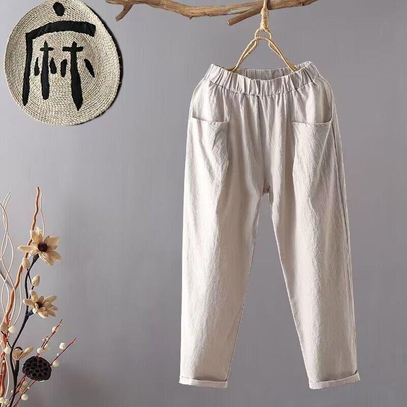 

Women Spring Summer Buy One Get One Free Casual Cotton Linen Pants Elastic Waist Ankle Pants Woman Harem Trousers M