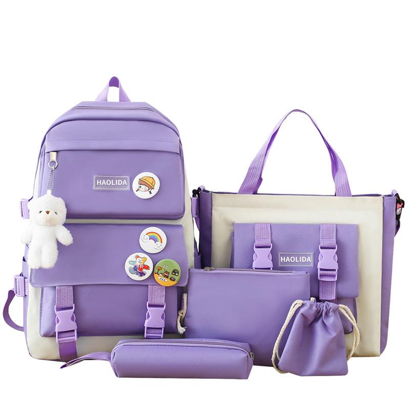 Schoolbag set backpack canvas four-piece set five-piece set student schoolbag Harajuku junior high school students class backpack wholesale