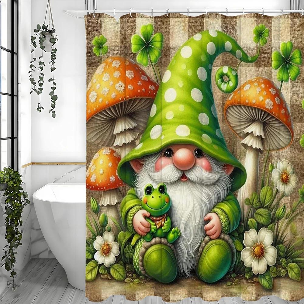 Charming Gnome and Frog Shower Curtain for a Whimsical Bathroom, Featuring an Adorable Gnome in a Green Hat Holding W90XH180cm