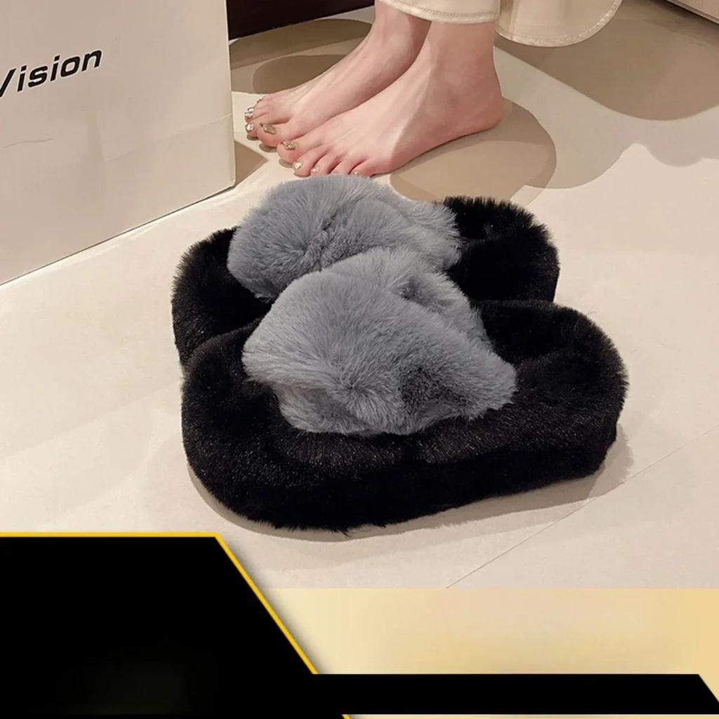 Fashion 2025 Autumn/Winter Candy Color Plush Slippers, Women's Plush Thick Sole Plus Size Cotton Slippers