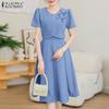 Women Elegant Splice Casual Round Neck Short Sleeve Dress