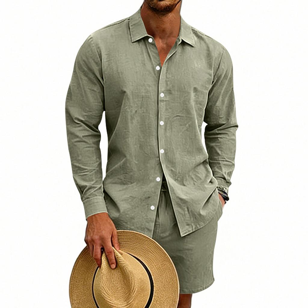 Men's Cotton And Linen Casual Long-Sleeve And Shorts Set