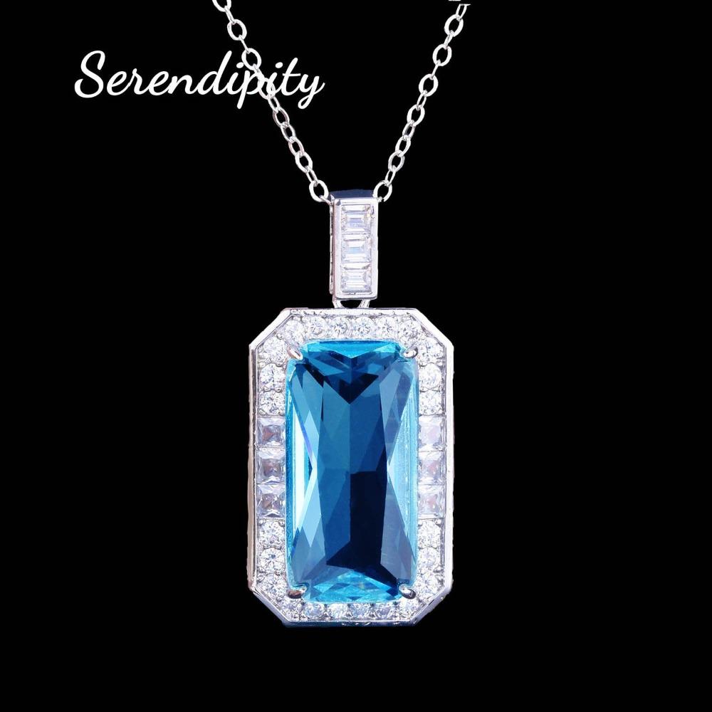 Santa Maria Topaz Blue Gemstone Necklace Emerald Cut Imitation Aquamarine Pendant Luxury Jewelry