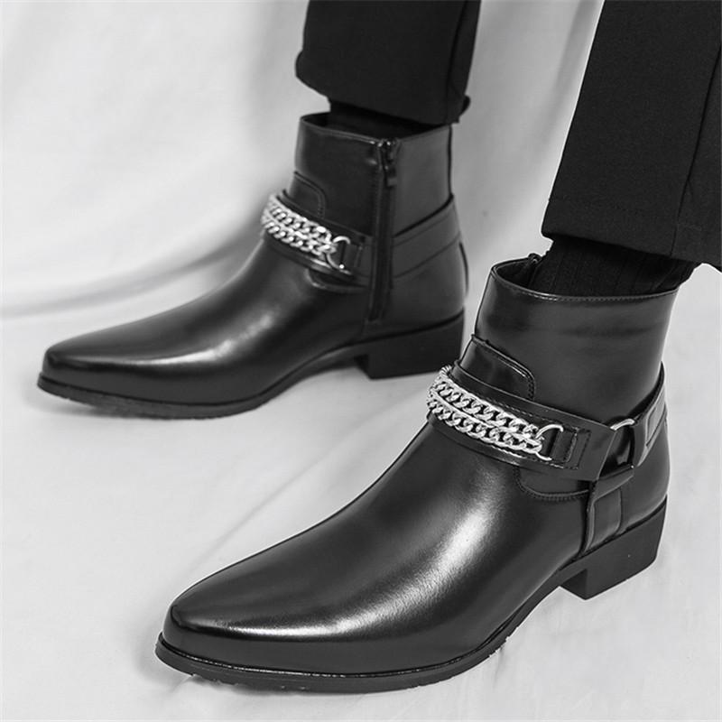 Designer New Men Metal Chain Pointed Toe Casual Ankle Boot Male Winter Fashion Black Brown Chelsea Leather Shoes Zapatos Hombre