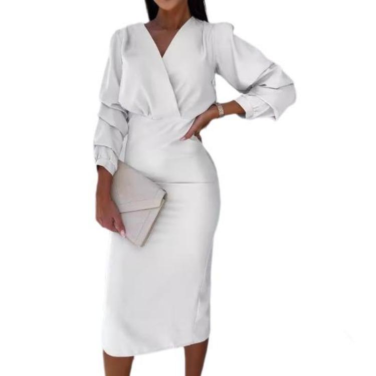 Abiti Casual da Donna - Autunno Primavera Abito Formale da Ufficio da Donna Scollo a V Maniche a Bolle Business Slim Fit Vita Alta Monocolore Abbigliamento da Pendolari OL