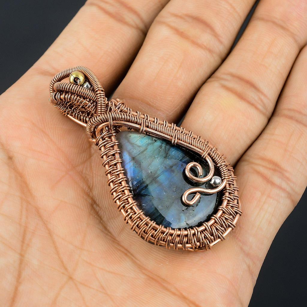 Labradorite Pendant, Handmade Gemstone 999 Copper Wire Wrapped Pendant Antique Jewelry, For Gift Silver Jewelry