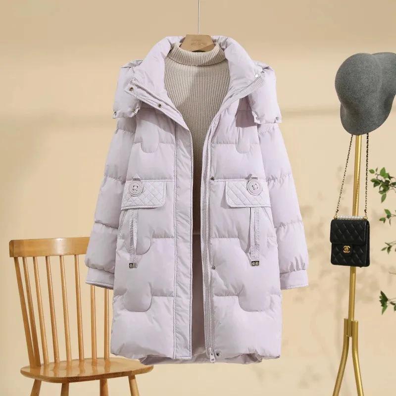 Damski bawełniany płaszcz o średniej długości w koreańskim stylu 2024: Moda Zimowa, Ciepła, Uniwersalna Kurtka.