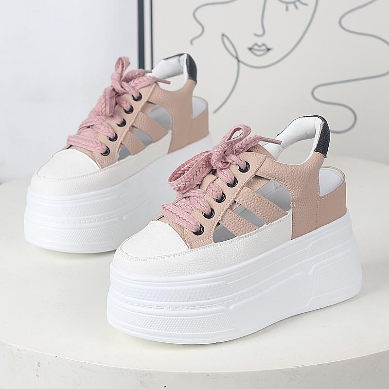 Fashion 11CM Hollow Full Cow Genuine Leather Women Summer Shoes Platform Sneakers Wedge Hidden Heel Women Summer Sandals Platform