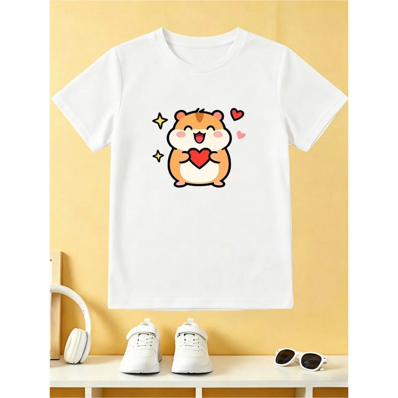 European sizes Boys Cute Hamster with Hearts Graphic T-Shirt, Crew Neck Short Sleeve Tee, Casual Breathable Kids Shirt, Kawaii Cartoon Print
