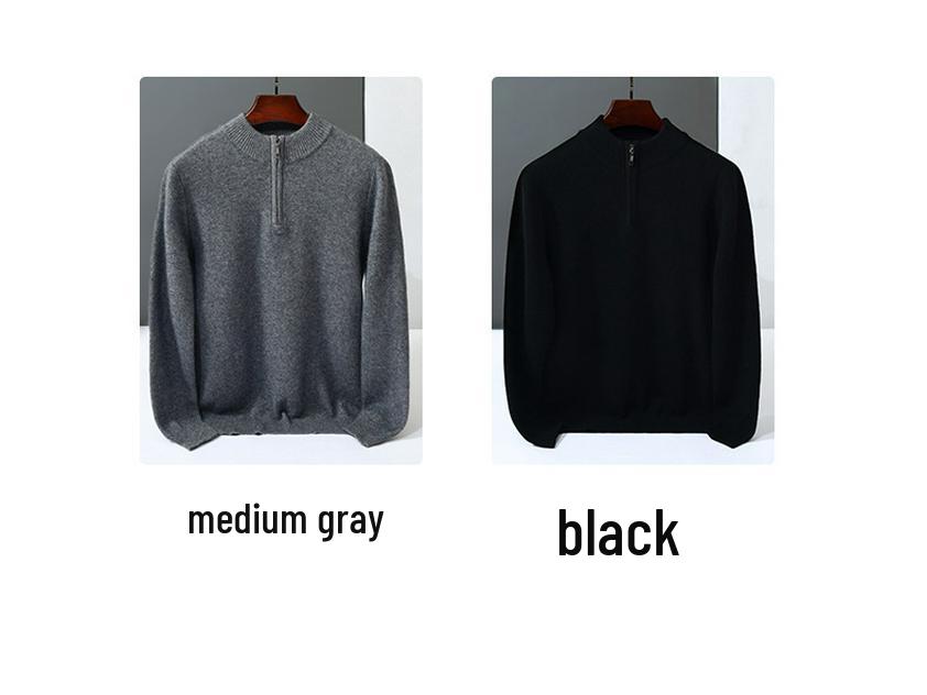 Men's Cashmere Knit Zipper Sweater - Solid Color, Loose Fit, Half-High Collar, Autumn/Winter Collection