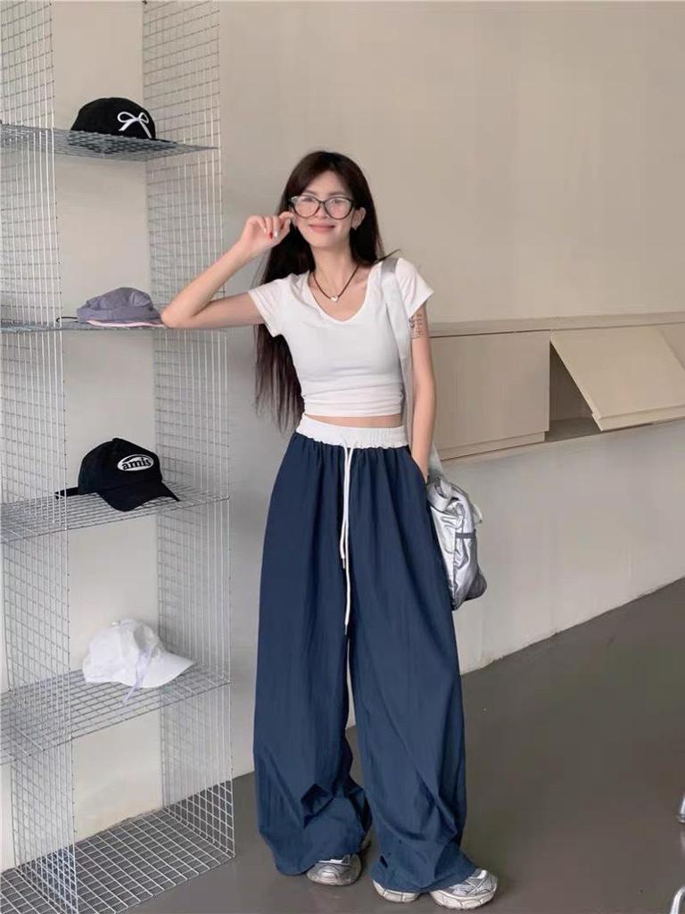 Women's Color Block Wide Leg Elastic Waist Quick-Dry Pants - Spring/Summer 2025, Loose Fit, Yamamoto Style