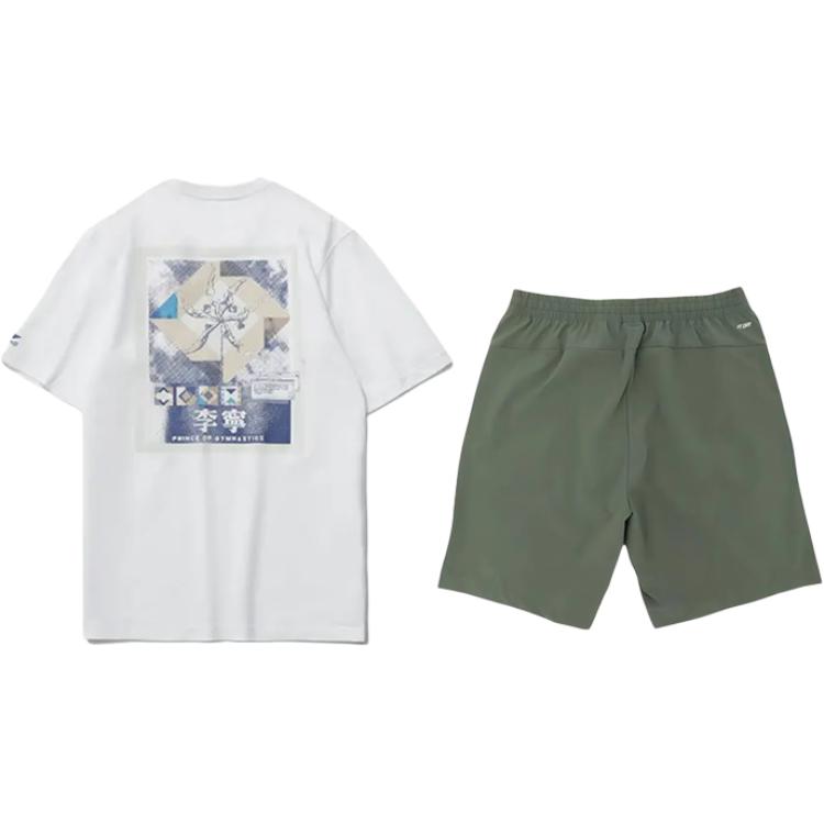 Li-Ning Floral Letter Print Fashion Trend Round Neck Pullover Short Sleeve High Waist Tied Shorts Casual Sports Suit Unisex Suit AHSU971-2+YKSV147-1