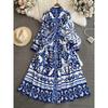 Spring and autumn retro court style long-sleeved stand-up collar waist thin single-breasted a-word celadon printed dress dress