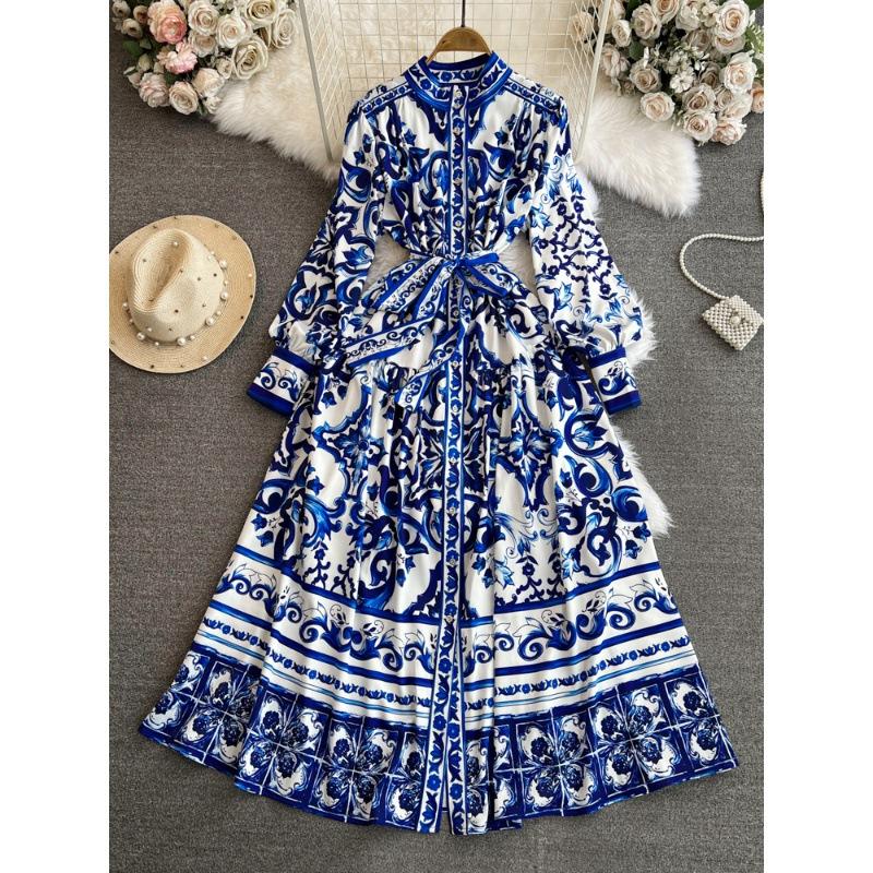 Spring and autumn retro court style long-sleeved stand-up collar waist thin single-breasted a-word celadon printed dress dress