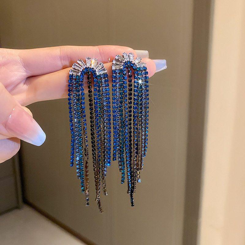 Diamond Letters Geometric European and American Personalized Earrings Women s Silver Needle 16 # Silver Needle - Blue U-Shaped Tassel