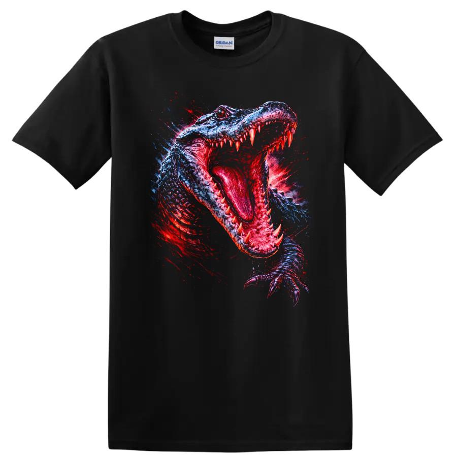 Vibrant Dinosaur Roaring Graphic T Shirt Colorful Creature Art Tee