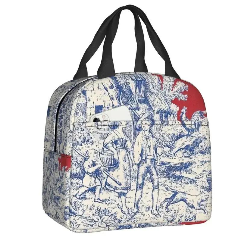 Geantă de prânz izolată cu motiv Toile De Jouy albastru marin pentru școală, birou, cutie termică, pentru femei, recipient pentru alimente, genți tote