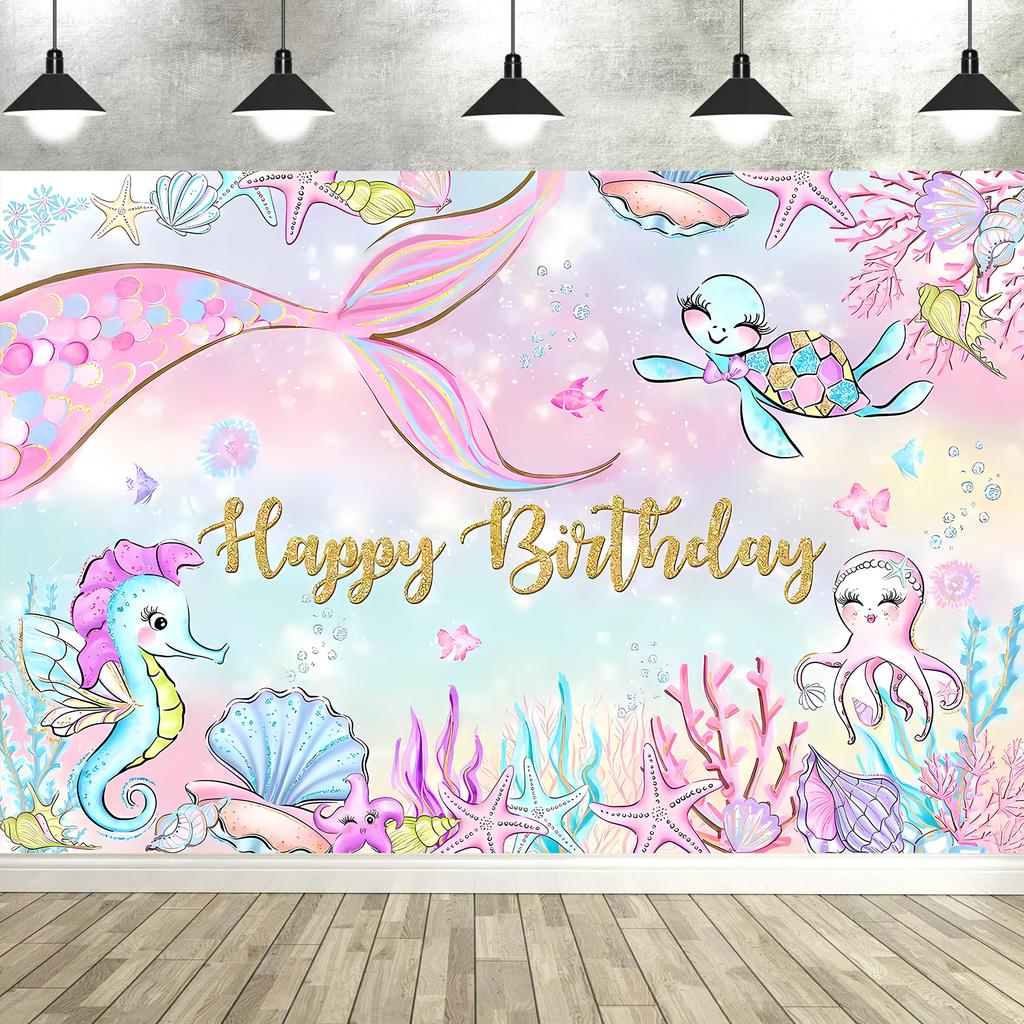 Mermaid Birthday Backdrop Under The Sea Birthday Party Decoration for Girl Purple Glitter  Mermaid Tails Photography Background